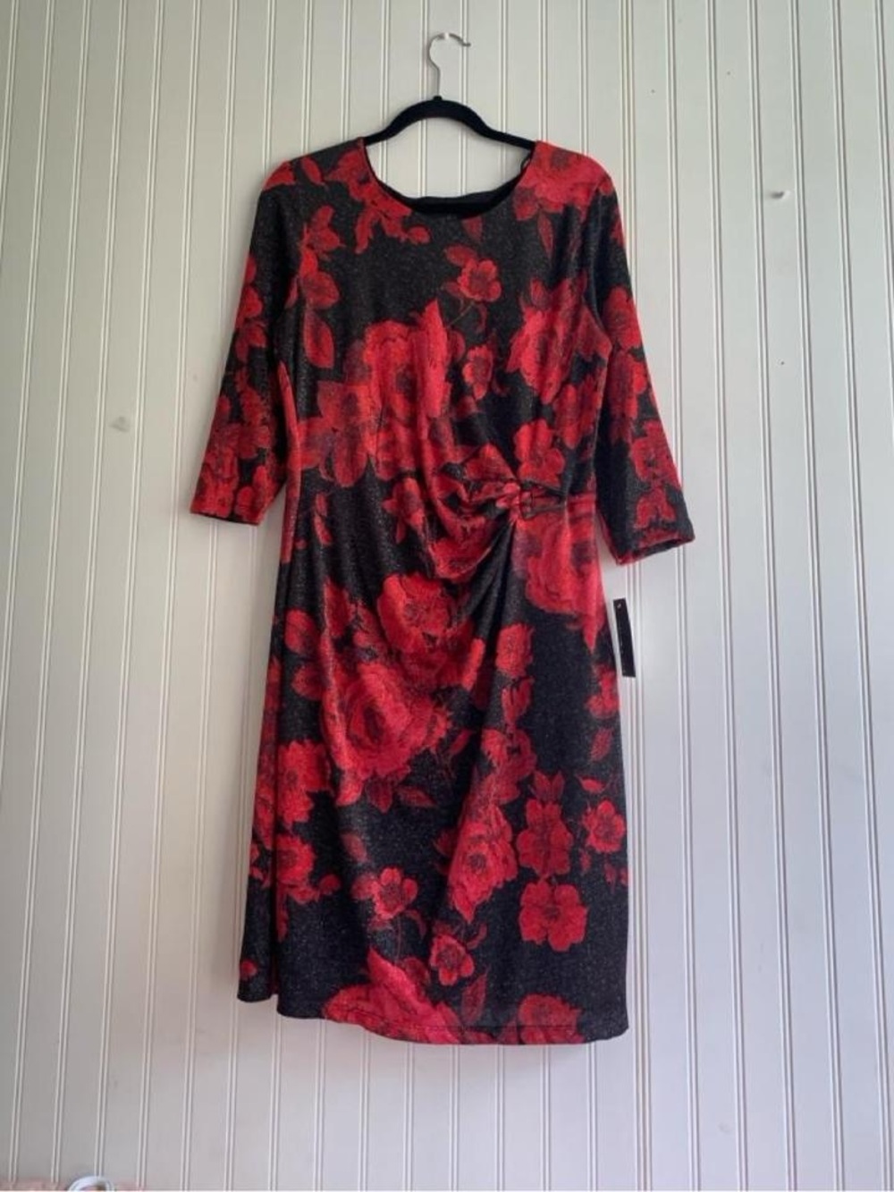 Enfocus Studio Black Midi Dress with Red Floral Print